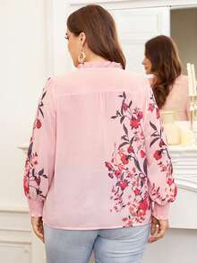 SHEIN Franclia Hơn In hoa Đường viền cổ có rãnh Tay áo lồng đèn Áo sơ mi - Nhiều màu - Xem 2