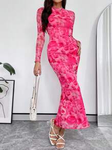 SHEIN Privé Của phụ nữ Vòng cổ In Hoa Thon gọn Lưới Đầm - Nhiều màu - Xem 1