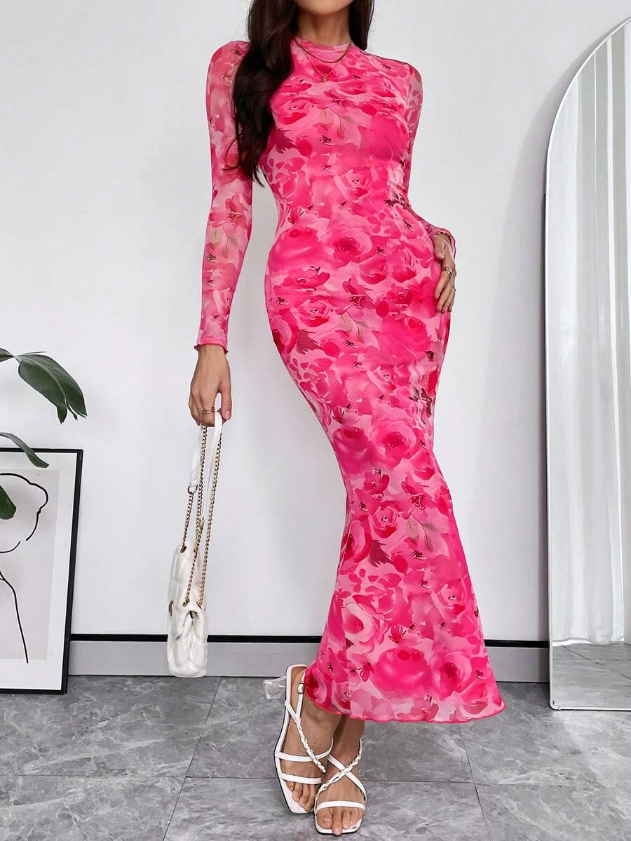 SHEIN Privé Của phụ nữ Vòng cổ In Hoa Thon gọn Lưới Đầm - Nhiều màu - Xem 1