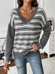 SHEIN LUNE Striped Pattern Drop Shoulder Knit Pullover Fall Winter Sweater - Grey - View 3