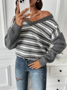SHEIN LUNE Striped Pattern Drop Shoulder Knit Pullover Fall Winter Sweater - Grey - View 5
