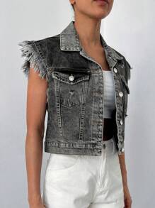 Cottnline Ripped Raw Trim Flap Pocket Denim Jacket - Dark Grey - View 3