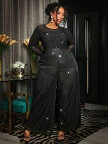 SHEIN CURVE+ Plus Sequin Wide Leg Pants - Black - View 2