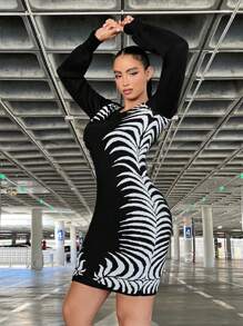 SHEIN SXY Black And White Pattern Women's Sweater Dress Party - Black and White - View 2