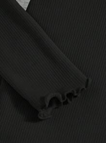 SHEIN 青少女針織純色長袖圓領t恤,飄帶袖口和下擺,非常適合度假 - 黑色 - 查看 6