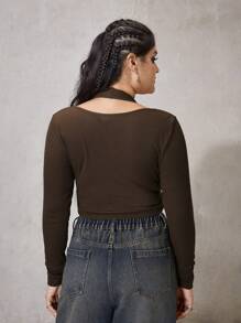 ROMWE PUNK Plus Buckle Detail Cross Print Halter Neck Crop Top - Bronze - View 2