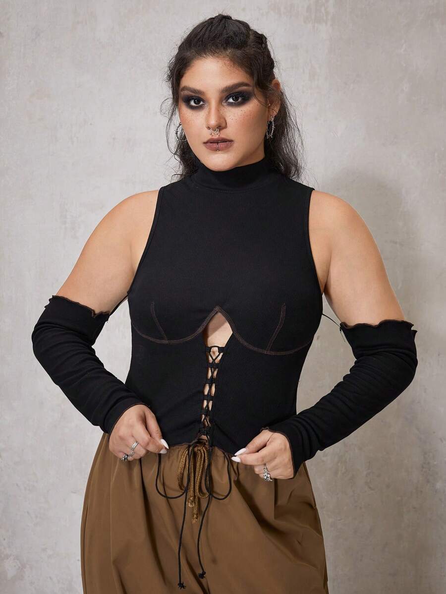 ROMWE PUNK Plus Lace Up Front Top-stitching Mock Neck Top - Multicolor - View 1