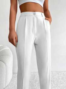 EURMUSE 97% Cotton Fold Pleated Detail Cropped Suit Pants - White - View 5