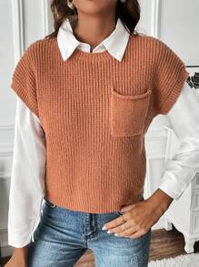 SHEIN LUNE 1入組口袋貼布針織上衣 - 棕色 - 查看 3
