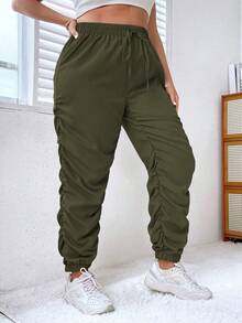 Flirla 大碼腰部抽繩褶邊長褲 - 軍綠色 - 查看 3