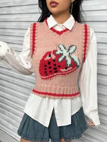 SHEIN Qutie 草莓圖案條紋飾邊毛衣背心不帶襯衫 - 粉色 - 查看 6