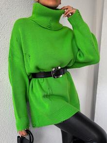 EURMUSE Jersey Largo Verde Brillante Para Mujer Con Diseño Desgastado Y Cuello Alto - Verde Lima - Ver 4