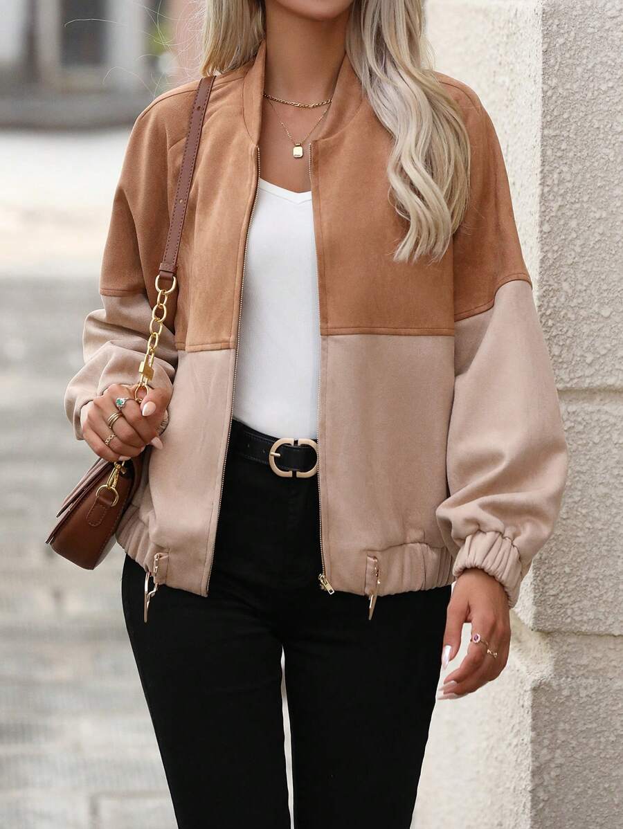 SHEIN LUNE 雙色插肩袖飛行員夾克 - 卡其色 - 查看 1