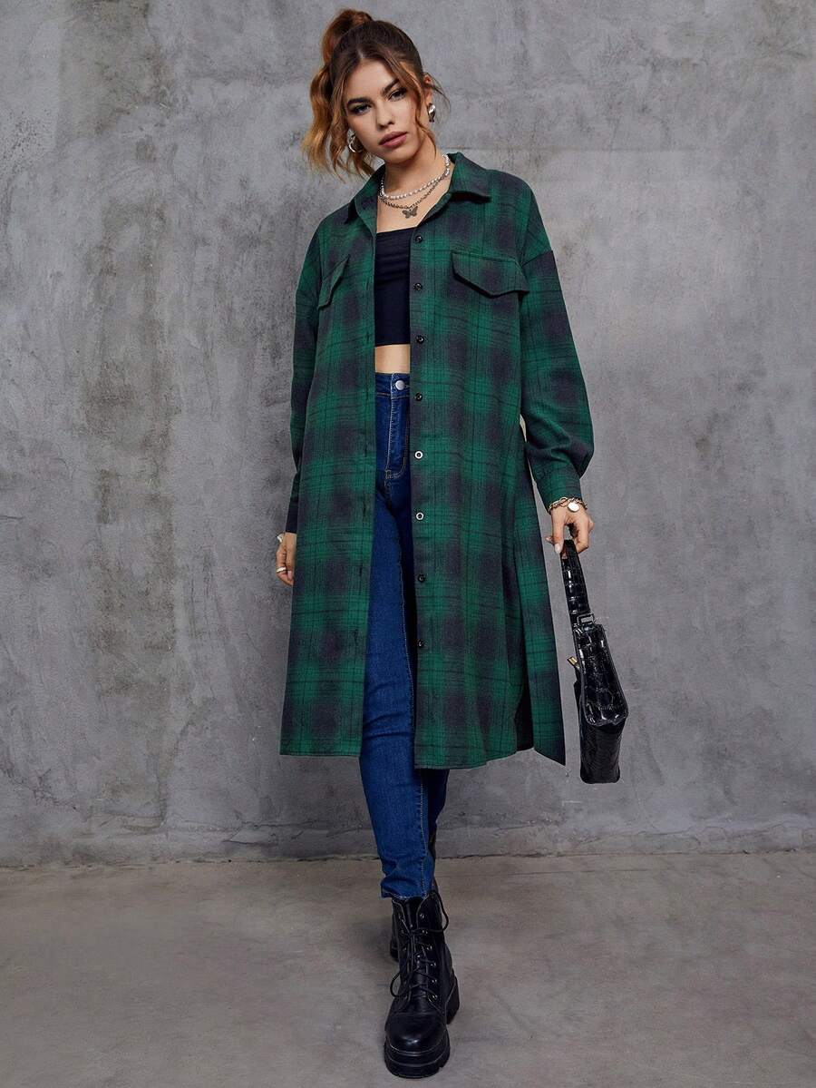 SHEIN EZwear Plaid Print Drop Shoulder Flap Detail Button Front Shirt - Green - View 1