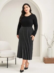 Modelyn Plus Striped Pattern Sweater Dress - Black - View 4