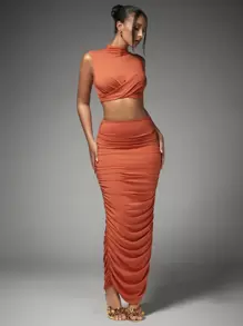 SHEIN BAE 2 件套女士半高领荷叶边新年晚会套装