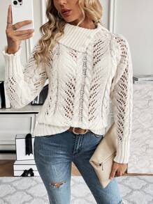 SHEIN LUNE 纯色镂空针织纽扣细节不对称领口套头毛衣，适合秋冬季穿着 - 米色 - 查看 6