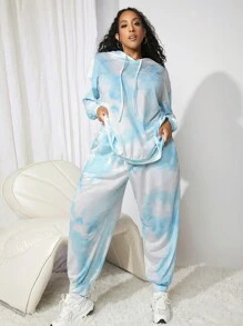 SHEIN CURVE+ 大碼紮染落肩袖抽繩連帽衫和運動褲 - 淺藍色 - 查看 1
