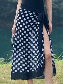 1入組波點圖案圍裹側繫帶網紗沙灘纏腰式半身裙 - 黑與白 - 查看 5