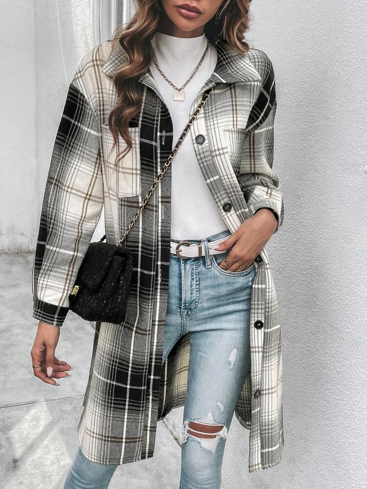 Plaid Print Drop Shoulder Coat