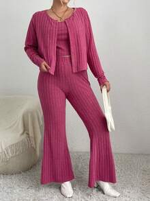 SHEIN Essnce Hơn Chất rắn Cami ngọn & Quần ống loe & Nút phía trước Áo khoác - Màu Hồng Tươi - Xem 6