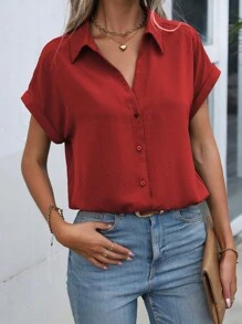 EMERY ROSE Solid Batwing Sleeve Button Front Shirt For New Year Clothes,Short Sleeve Tops - Red - View 4