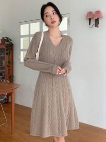 DAZY 纯色粗针织毛衣裙，秋季女装 - 咖啡棕 - 查看 4