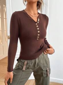 SHEIN EZwear 前紐扣條紋針織修身套頭毛衣 - 棕色 - 查看 1