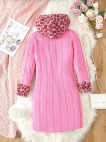 SHEIN Tween Girl Leopard Pattern Fuzzy Trim Hooded Dress