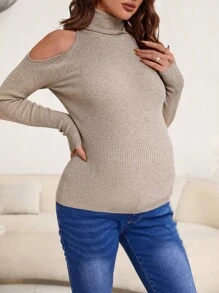 SHEIN 孕婦高領挖肩條紋針織套頭毛衣 - 卡其色 - 查看 4