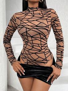 Chiquease Geo Print Mock Neck Mesh Top & Wrap Hem Bodycon Skirt - Black - View 5