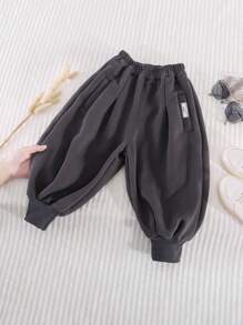 1pc Young Boys Simple Patchwork Thermal Lined Long Pants & Sports Pants, Autumn And Winter - Dark Grey - View 1