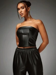 SHEIN BAE Women's Pu Leather Strapless Stretchy Crop Top, Sexy - Black - View 5