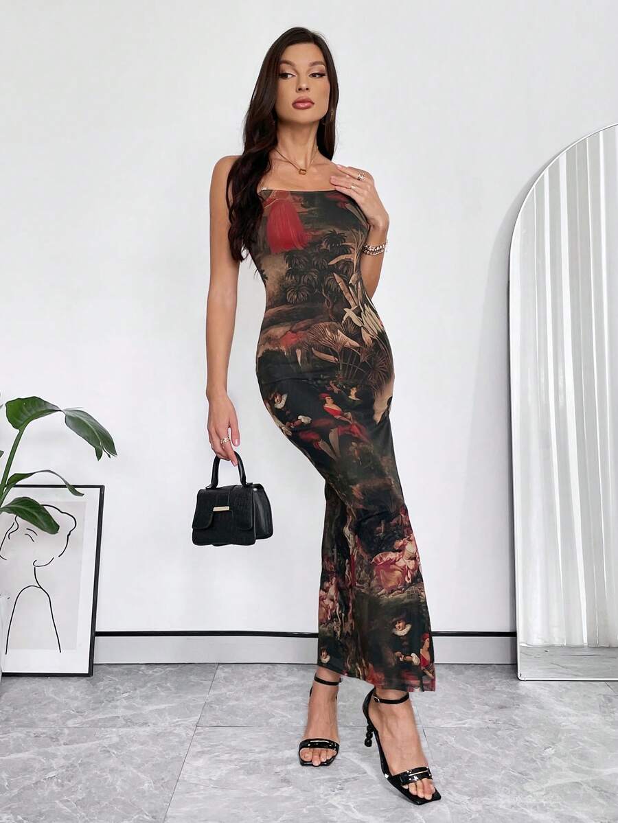 SHEIN Privé Floral Print Split Thigh Tube Bodycon Dress - Multicolor - View 1