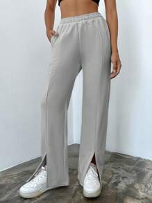 RueChic Split Hem Elastic Waist Sweatpants - Grey - View 5
