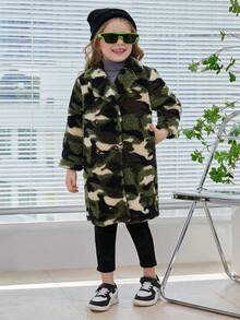 SHEIN 女小童迷彩印花落肩袖搖粒絨外套 - 棕色 - 查看 3