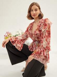 Enchnt 印花荷葉邊荷葉袖荷葉邊下擺襯衫 - 紅色 - 查看 5