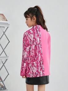 SHEIN 女大童1入組亮片拼接印花翻蓋細節西裝領外套 - 玫紅色 - 查看 2