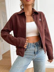SHEIN EZwear Cazadora con bordado de letra con cremallera - Óxido marrón - Ver 4
