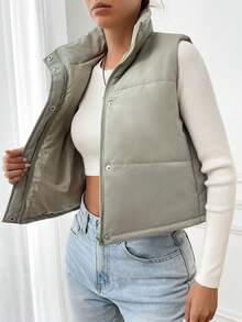 SHEIN Frenchy Zip Up Snap Button Puffer Vest Coat - Army Green - View 4