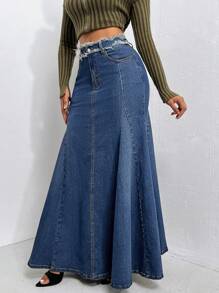 SHEIN SXY 高腰魚尾裙下擺牛仔半身裙 - 深色水洗藍 - 查看 4