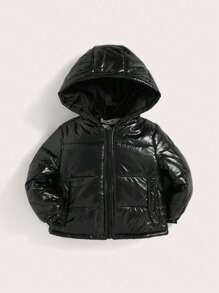 SHEIN Baby Boy/Girl Casual Solid Color Hooded Thick Jacket With Shiny Fabric - Black - View 3