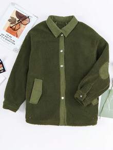 Acelitt 正面撞色拼接紐扣泰迪熊夾克 - 綠色 - 查看 8