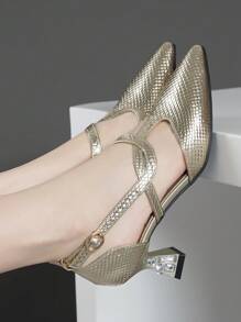 Women's Pointed Toe Chunky Heel Slip-On Pumps With Buckle