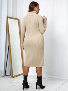 Celure 大碼高領腰帶毛衣洋裝 - 杏色 - 查看 2