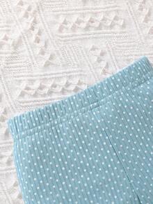 女嬰波卡圓點木耳邊花邊下擺上衣&緊身打底褲