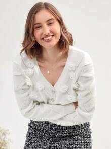 Enchnt 3d Rose Button Front Crop Cardigan - White - View 6