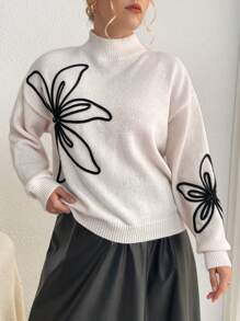 SHEIN Essnce Hơn Mô hình hoa Cổ giả Thả vai Áo len - Màu be - Xem 4