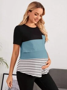 SHEIN Maternity Striped Print Colorblock Patched Pocket Nursing Detail Tee - Blue - View 6