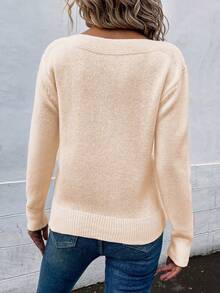 SHEIN LUNE Mô hình Chevron Cổ thuyền Thả vai Áo len - Màu be - Xem 2